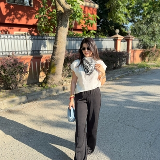 Beli lastikli ince kırışık pantolon siyah