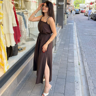 Boncuklu tensel 2Lİ etekli takım kahve