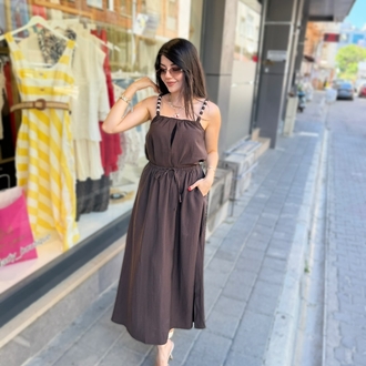 Boncuklu tensel 2Lİ etekli takım kahve