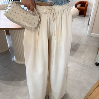 Beli latikli tensel pantolon ekru