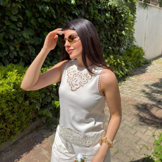 premium nakışlı tok penye bluz ekru