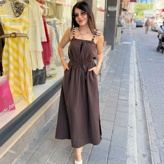 Boncuklu tensel 2Lİ etekli takım kahve