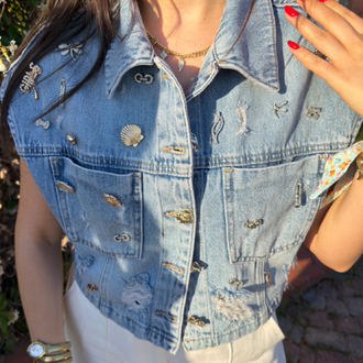 Tasarım taşlı denim yelek