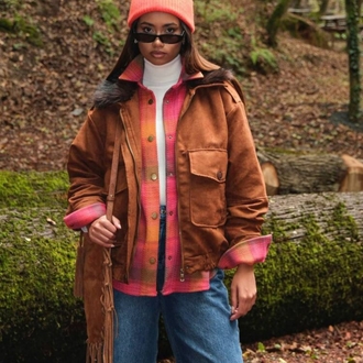 Nubuk Cepli Yakası Kürklü Oversize Bomber Taba ceket