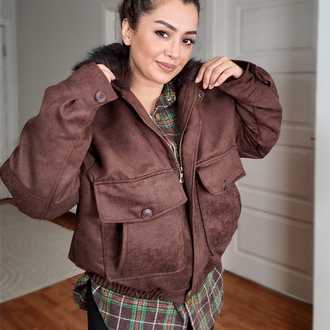 Nubuk Cepli Yakası Kürklü Oversize Bomber Kahve ceket
