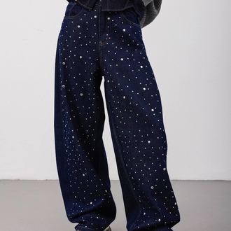 Parlak Zımbalı Baggy Jean Lacivert