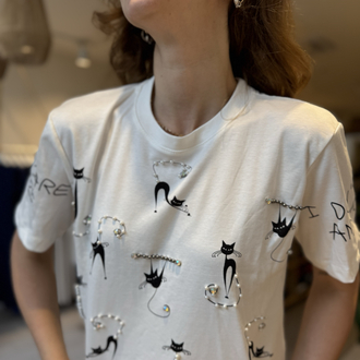 İpekyl Taşlı Kedili Tshirt (BEYAZ)