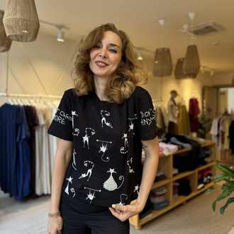 İpekyl Taşlı Kedili Tshirt (SİYAH)