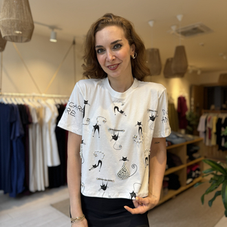 İpekyl Taşlı Kedili Tshirt (BEYAZ)