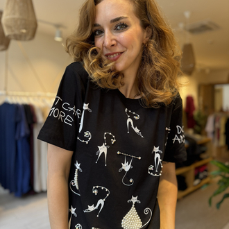 İpekyl Taşlı Kedili Tshirt (SİYAH)