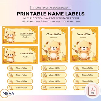 Cute Bear Printable School Name Labels PDF | Personalized Kids Stickers with Name & Grade | Back