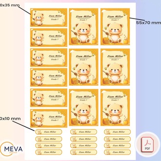 Cute Bear Printable School Name Labels PDF | Personalized Kids Stickers with Name & Grade | Back