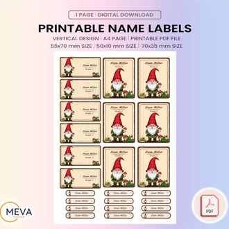 Personalized Gnome Name Labels, Printable School Stickers, Custom Kids Name Tags, Whimsical Back to