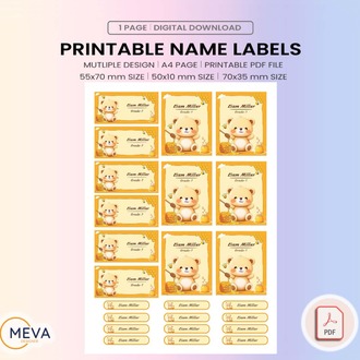 Cute Bear Printable School Name Labels PDF | Personalized Kids Stickers with Name & Grade | Back