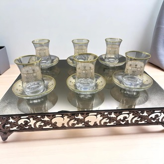 Hasır Örgü Görünümlü Altın İşlemeli Klasik  6 Kişilik Çay Bardağı Seti