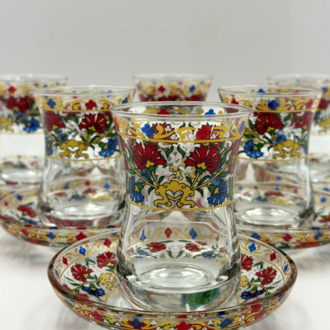 Floral Desenli İznik Çini Motifli 6 Kişilik Çay Bardağı Seti