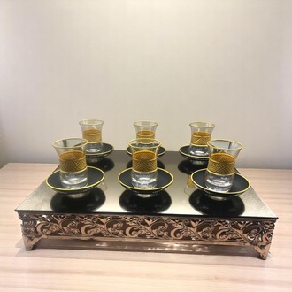 Lüks Hasır Desenli Siyah 6 Kişilik Çay Bardağı Seti
