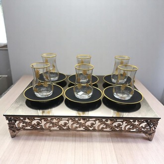 Altın Çarpraz Desenli Siyah 6 Kişilik Çay Bardağı Seti