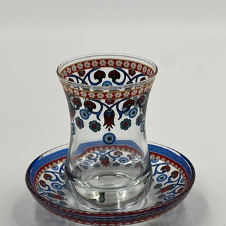 Kırmızı Mavi Çini İşlemeli İnce Belli 6 Kişilik Çay Bardağı Seti