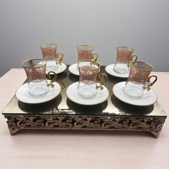 Altın Kulplu Bakır Yaprak Desenli 6 Kişilik Çay Bardağı Seti