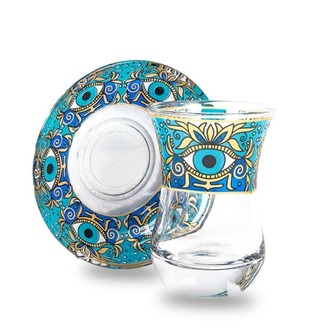Altın Çizgili Evil Eye Temalı 6 Kişilik Çay Bardağı Seti