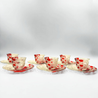 Premium Kristal Türk Çay Bardağı- Kahve Bardağı Seti 18 Parça Kırmızı