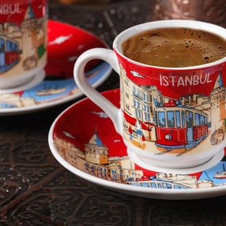 İstanbul Desenli 2'li Kahve Fincan Seti Kırmızı 
