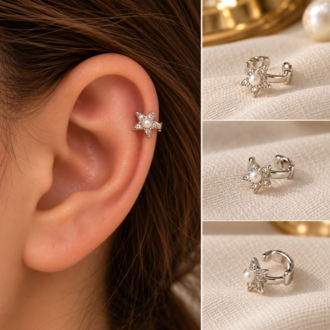İncili Yıldız Kıkırdak Küpe – Ear Cuff, Gümüş Renk, Kararmaz