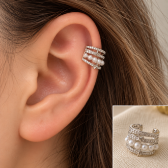 Silver Taşlı İncili Kaburga Kıkırdak Küpe – Yıldız Detaylı Ear Cuff, Kararmaz