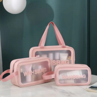 Seyahat makyaj çantası washbag taşınabilir su geçirmez 3'lü çanta seti pembe