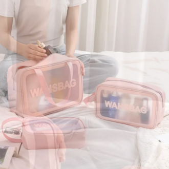 Seyahat makyaj çantası washbag taşınabilir su geçirmez 3'lü çanta seti pembe