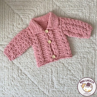 Bebek Hırka – Pudra Pembe, 1 Yaş – Alize Puffy, El Örgüsü