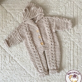 Kapüşonlu Bebek Tulum – Fil Dişi, 1 Yaş – Alize Puffy, El Örgüsü