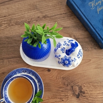 – Mavi Vazo, Oval Tepsi & Çini Motifli balkabak biblo - Balkabağı Set