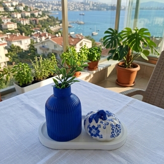  – Mavi Vazo, Oval Tepsi & Çini Motifli balkabak biblo - Balkabağı Set