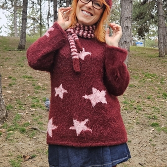 Yıldız figürlü bere, çizgili atkı takım