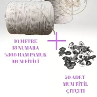 Mum Fitili 10 Metre %100 Saf Pamuk İpi + 50 Adet Fitil Sehpası Çıtçıt Kopça