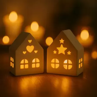 Dekoratif 2'li Ev Figürlü Beton Mumluk (tea Light Dahildir)