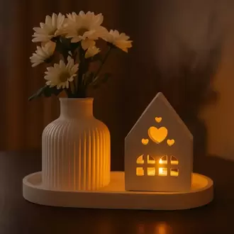 Dekoratif Tepsili 3'lü Mumluk ve Vazo Seti (Pilli Led Tea Light Dahildir)