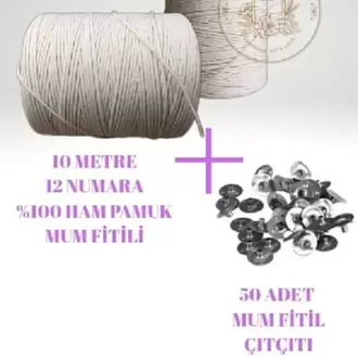 Mum Fitili 10 Metre %100 Saf Pamuk İpi + 50 Adet Fitil Sehpası Çıtçıt Kopça