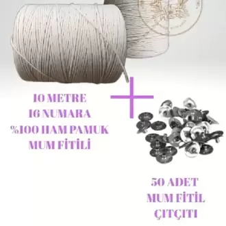 Mum Fitili 10 Metre %100 Saf Pamuk İpi + 50 Adet Fitil Sehpası Çıtçıt Kopça