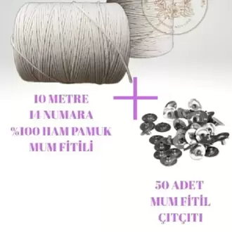 Mum Fitili 10 Metre %100 Saf Pamuk İpi + 50 Adet Fitil Sehpası Çıtçıt Kopça
