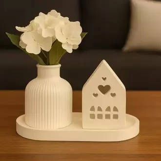 Dekoratif Tepsili 3'lü Mumluk ve Vazo Seti (Pilli Led Tea Light Dahildir)