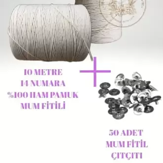 Mum Fitili 10 Metre %100 Saf Pamuk İpi + 50 Adet Fitil Sehpası Çıtçıt Kopça