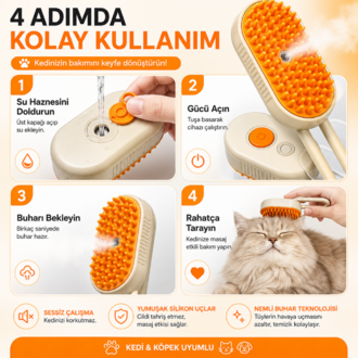 3’ü 1 Arada Buharlı Pet Tarağı | Kedi & Köpek Tüy Toplama Fırçası