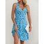 Mavi Çiçek Desenli Kolsuz V Yaka Süprem Kumaş Yazlık Elbise