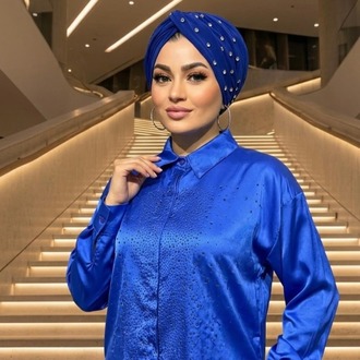 Mavi Saten Taşlı Gömlek