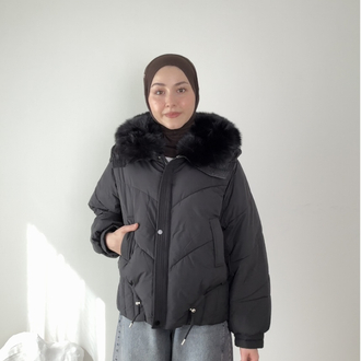 Kürk yakalı şişme mont / siyah