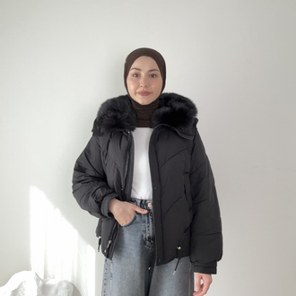 Kürk yakalı şişme mont / siyah