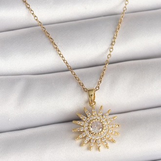 316L Çelik Gold Renk Zincir Zirkon Taşlı Güneş Model Kadın Kolye | BKO9978